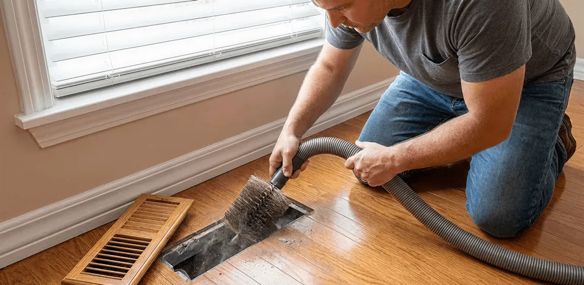 Air duct cleaning technician vacuuming a floor vent and duct opening in Fargo, ND