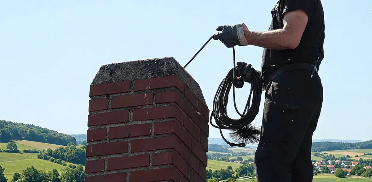 Chimney sweep inspecting and cleaning a rooftop chimney in Fargo, ND