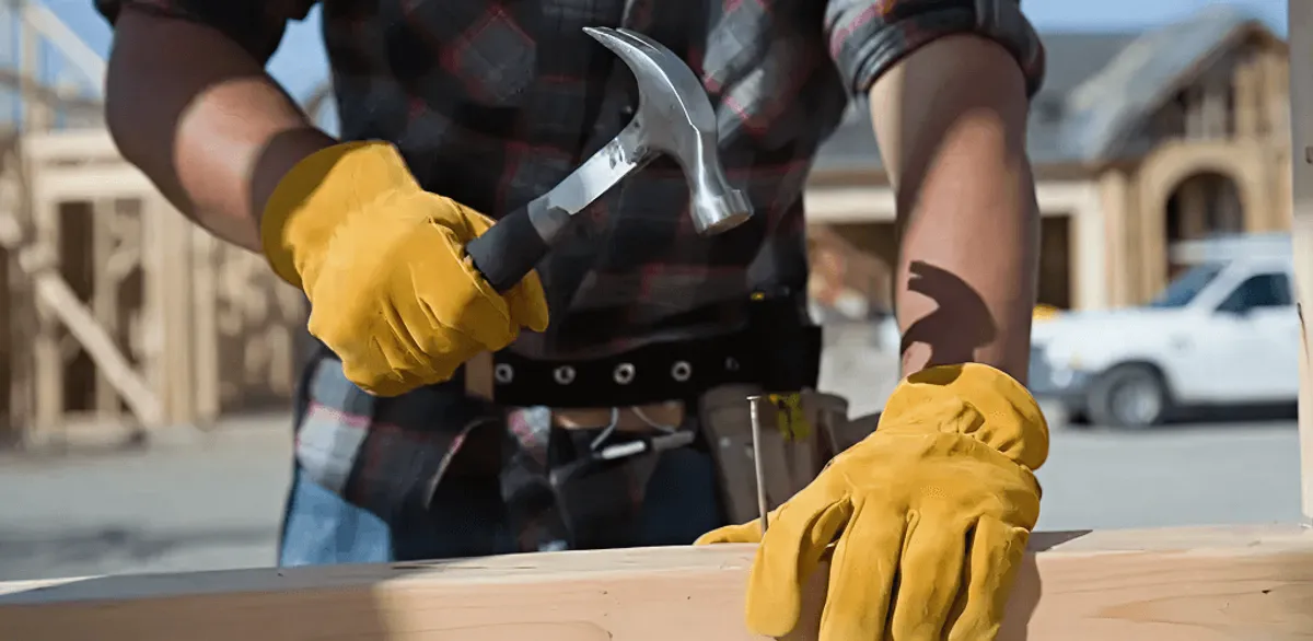 Handyman fixing wood trim with a hammer for home repairs in Fargo, ND