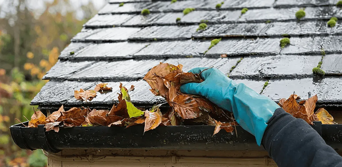 Gutter cleaning technician clearing wet leaves from roof gutters in Fargo, ND