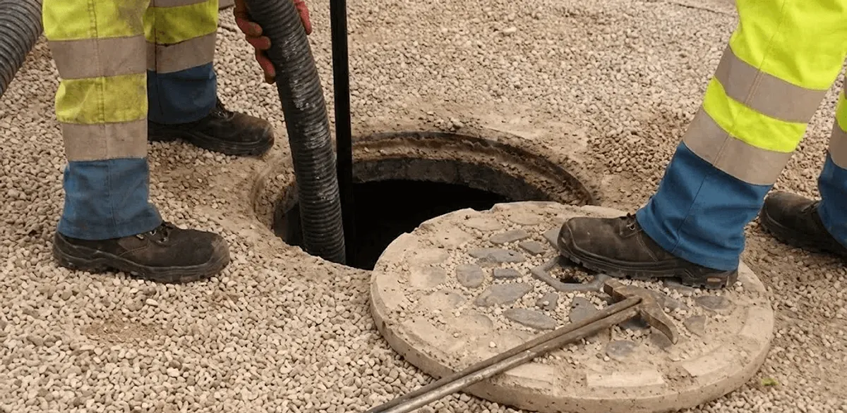 Drain cleaning crew clearing a sewer access point with professional equipment in Fargo, ND
